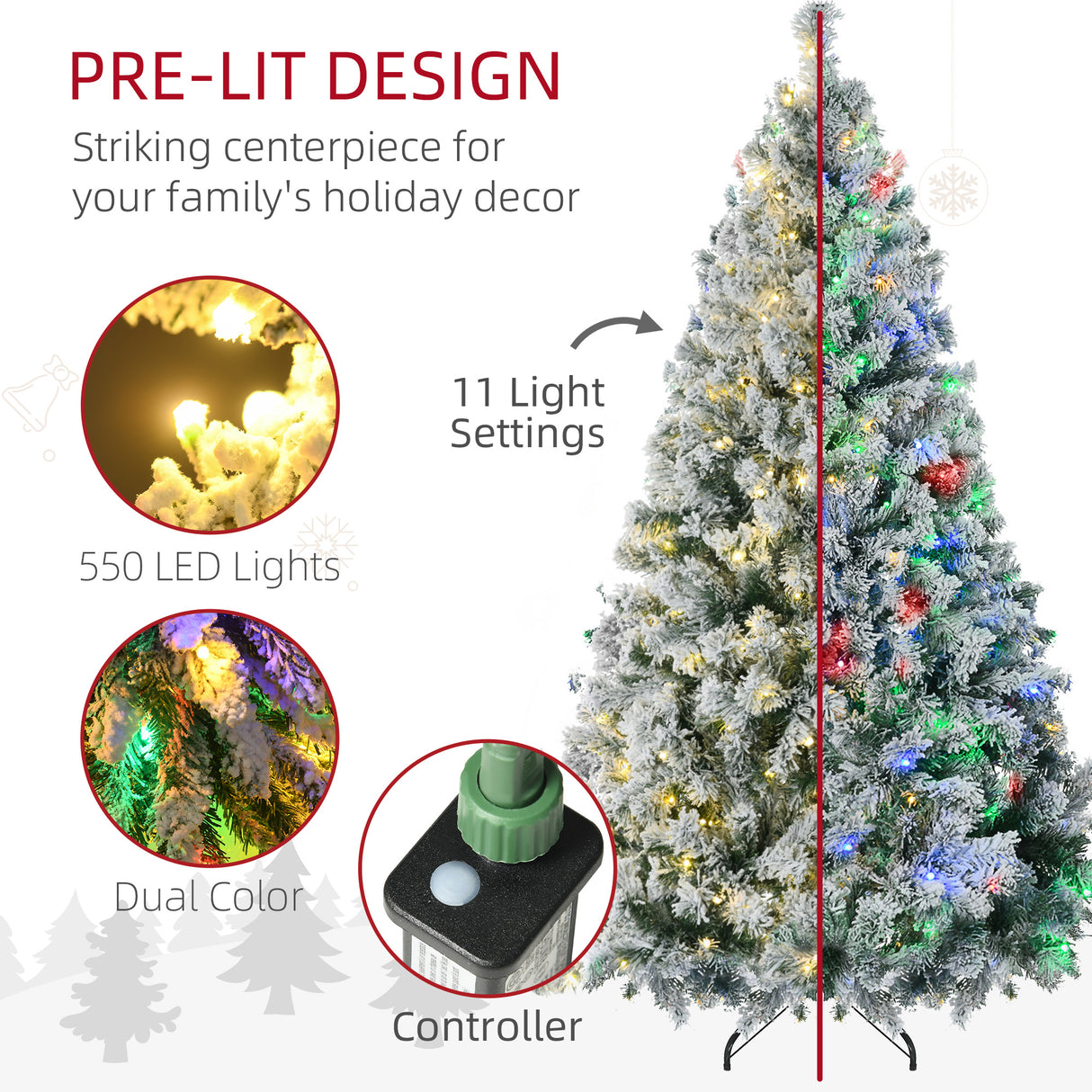 HOMCOM 7.5ft Tall Prelit Artificial Christmas Tree