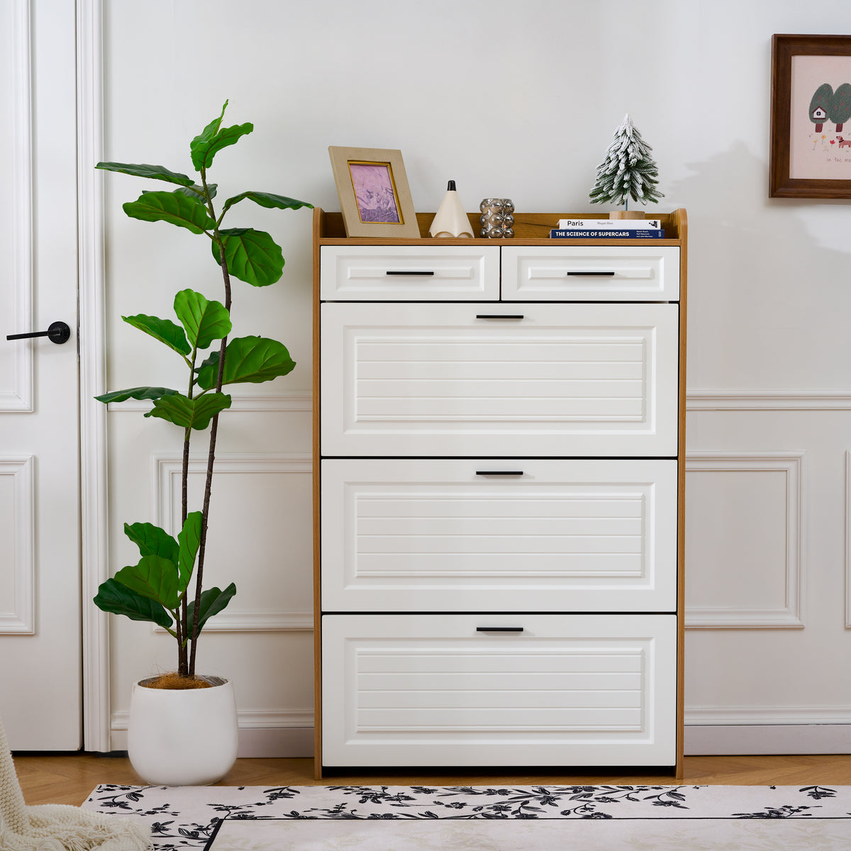 Shoe Cabinet with 3 Hidden Flip Drawers & 2 Storage Drawers