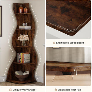 5 Tier Wavy Corner Bookshelf And Plant Stand For Living Room