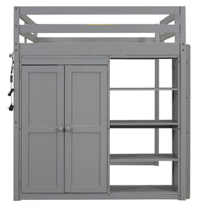 Loft Bed With Built In Wardrobe, Storage Shelves, And LED Light