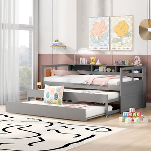 Daybed With 2 Trundles, 3 Storage Cubbies, Built In USB Charging Light