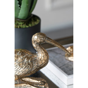 Kneeling Crane Figurine, 7.1 x 10.4 x 3 Inches, Antique Gold