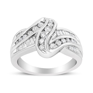 10K White Gold Ring 3/4 Cttw Round and Baguette-Cut Diamond Bypass Ring (H-I Color, I2-I3 Clarity) - Size 6