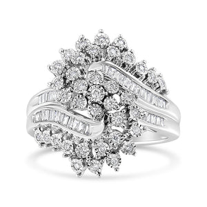 10K White Gold 1/2 Cttw Round and Baguette-Cut "S" Shaped Bypass Cocktail Ring (I-J Color, I1-I2 Clarity) - Size 7