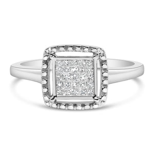 .925 Sterling Silver 1/5 Cttw Invisible Set Princess Cut Diamond Promise Ring with Beaded Halo (H-I Color, I1-I2 Clarity) - Ring Size 7