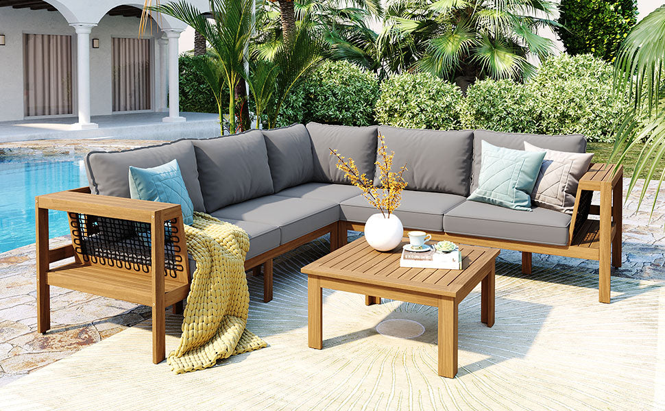 4 Pieces Outdoor Acacia Wood Sofa Set with Coffee Table