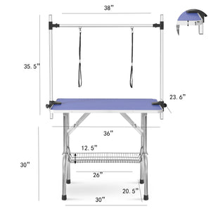 Folding Dog Pet Grooming Table Stainless Steel Frame Rubber Mat On Board With Adjustable Arm And Clamps Pet Dog Cat Grooming Table