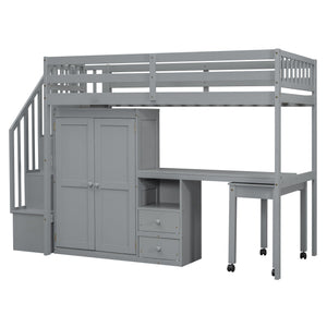 Loft Bed With Stairs, Bookshelf, Drawers, Desk & Wardrobe, Space Saving Multifunctional Furniture