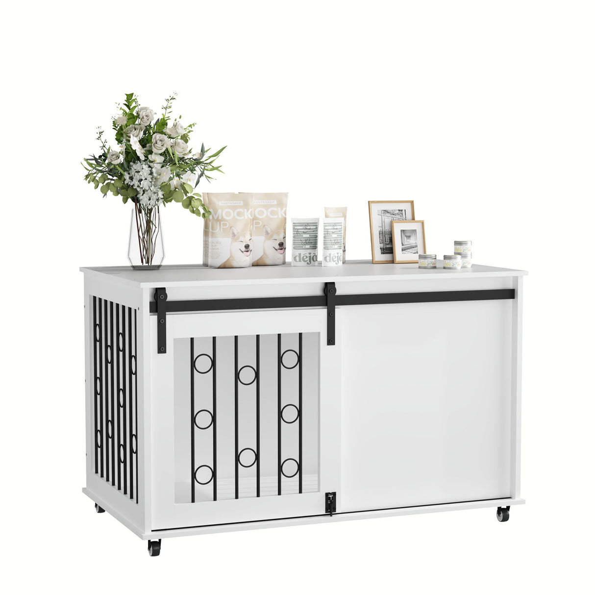 Dog Crate With Sliding Barn Door And Side Access, Lockable Wheels For Small To Medium Dogs - White