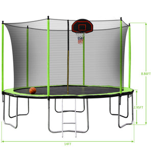 14Ft Trampoline With Basketball Hoop Inflator And Ladder (Inner Safety Enclosure) - Green