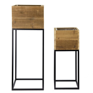Reclaimed Wooden Planter Box Set with Metal Frame – Brown
