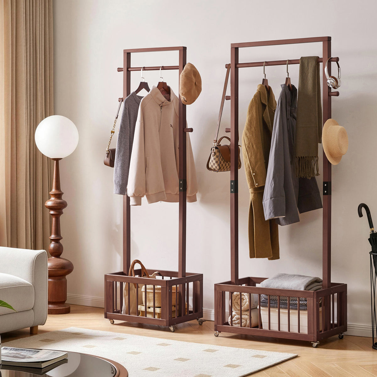 Solid Wood Freestanding Coat Rack with Rolling Wheels & Storage Basket