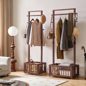 Solid Wood Freestanding Coat Rack with Rolling Wheels & Storage Basket