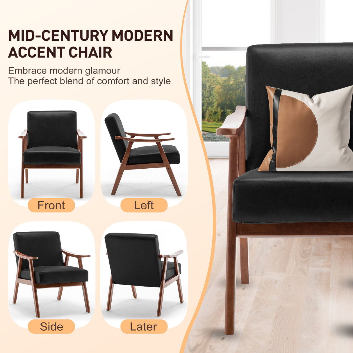 Mid Century Modern Accent Chair With Solid Wood Frame And Extra Thick Backrest