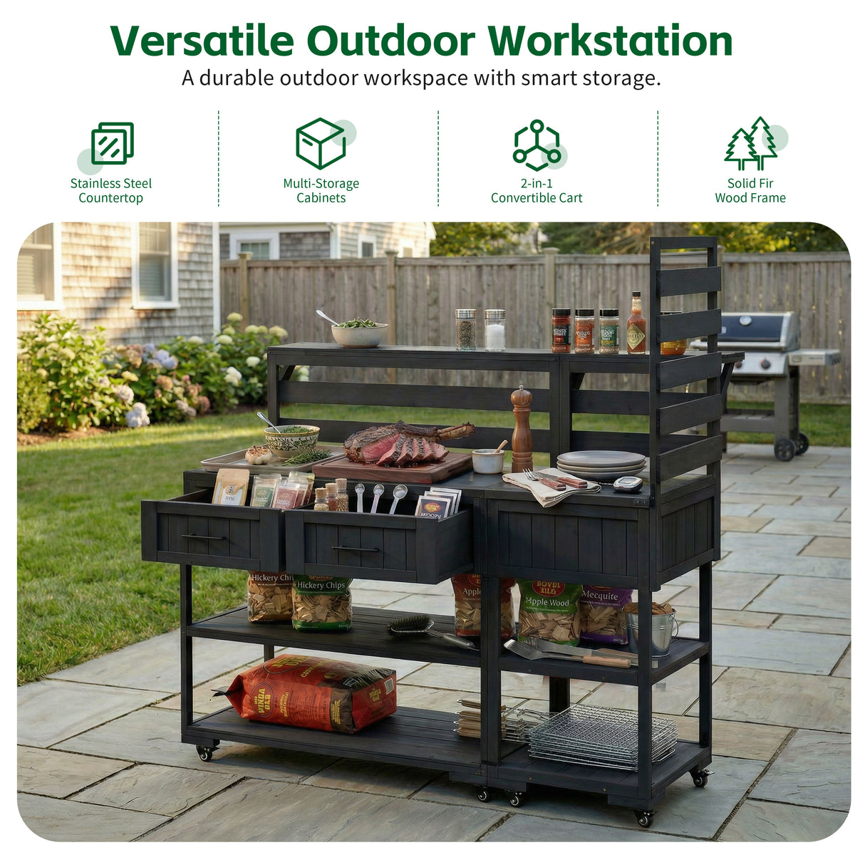 TOPMAX 62.3'' Patio Kitchen Island Solid Wood Kitchen Cart