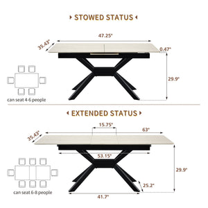 Rectangular Extendable Dining Table With Geometric X Frame, Kitchen Table For Dining Room - Beige