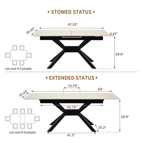 Rectangular Extendable Dining Table With Geometric X Frame, Kitchen Table For Dining Room - Beige