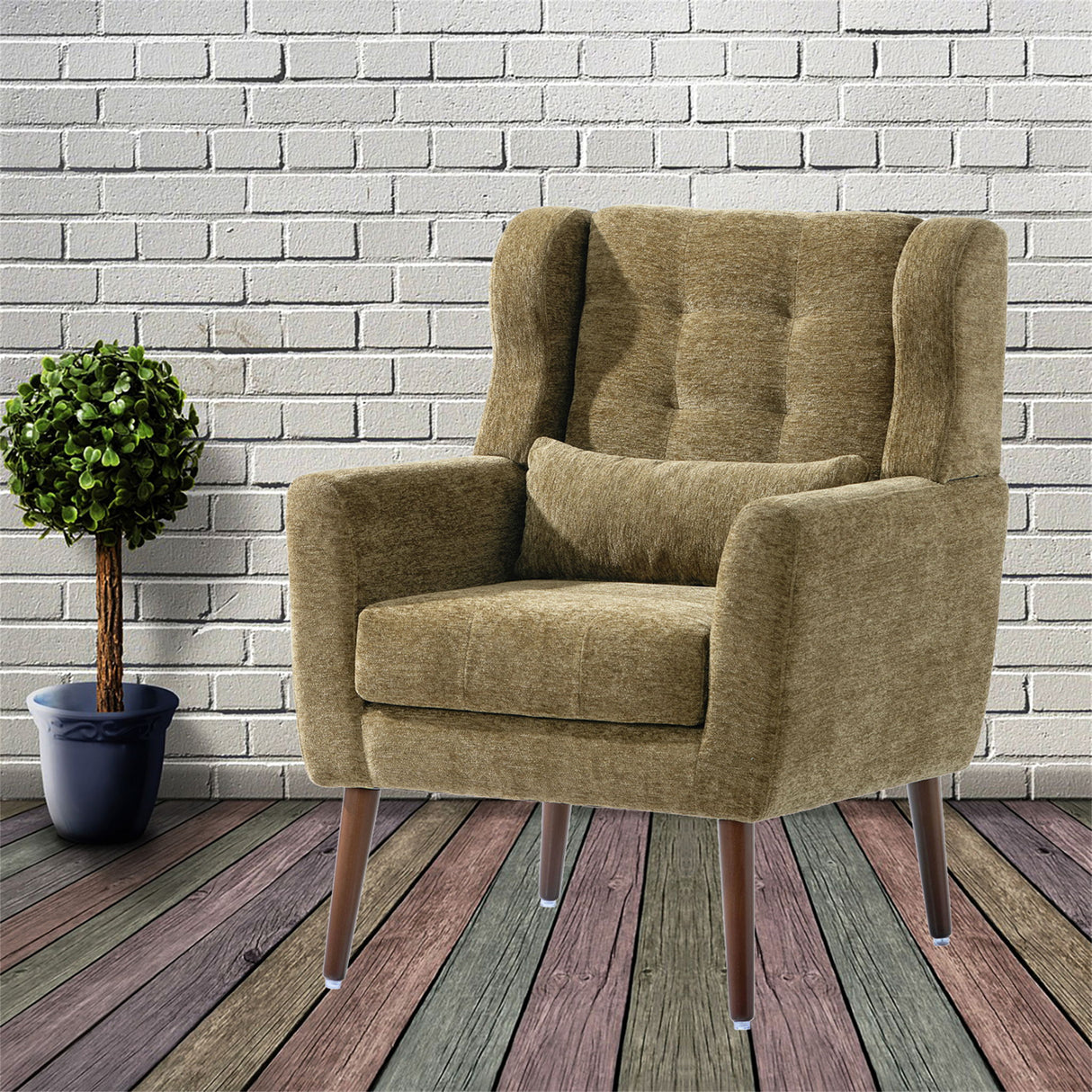 Modern Accent Chair, Arm Chairs For Living Room, Upholstered Mordern Armchair, Comfy Soft Padded Lounge Chair In Small Space, Bedroom, With Pillow, Solid Wood Leg
