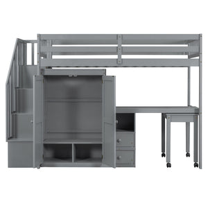 Loft Bed With Stairs, Bookshelf, Drawers, Desk & Wardrobe, Space Saving Multifunctional Furniture