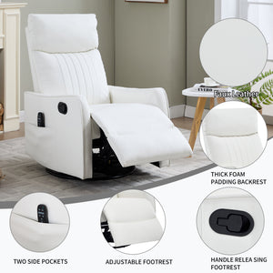 White Heat Massage Manual Recliner Chair with Rocker and Swivel in Faux Leather