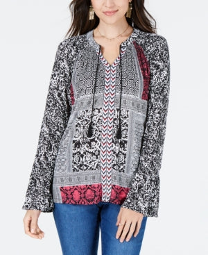 Mixed Print Peasant Top with Tassel Ties