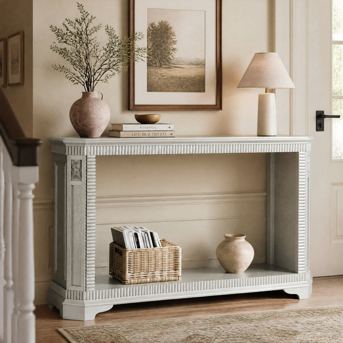 55-Inch Retro Carved Console Table, 2-Tier Open Storage, Champagne Silver