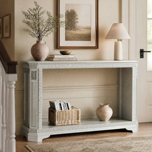 55-Inch Retro Carved Console Table, 2-Tier Open Storage, Champagne Silver