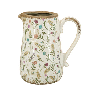 8.1x5.7x9.1" Round Ceramic Pitcher Vase with Multi-Colored Floral Motifs