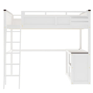 Queen Size Loft Bed With Desk, Open Shelf, Storage Box And USB Charging Station - White