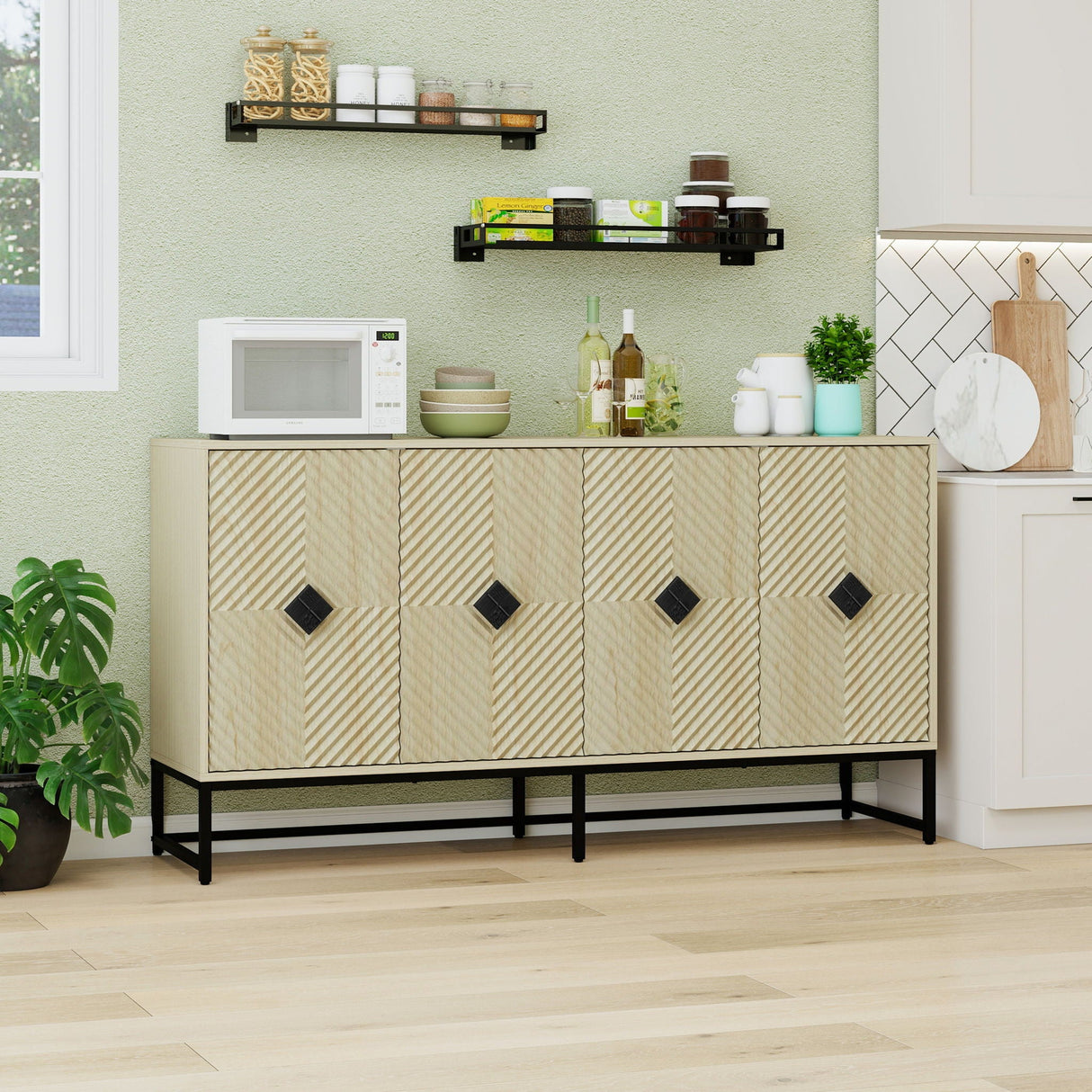 Carved 4 Door Sideboard With Storage, Adjustable Shelf