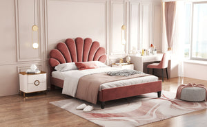 Upholstered Platform Bed With Flower Pattern Headboard