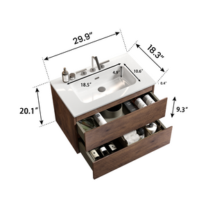Wall Mount 30" Walnut Bathroom Vanity with Ceramic Sink