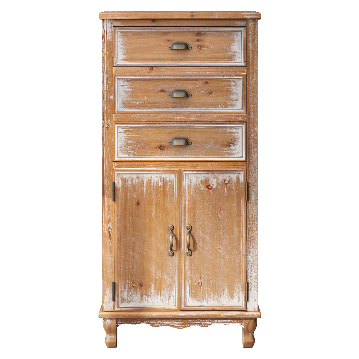 Rustic Wooden Storage Cabinet with Decorative Cutout Door & 3 Drawers