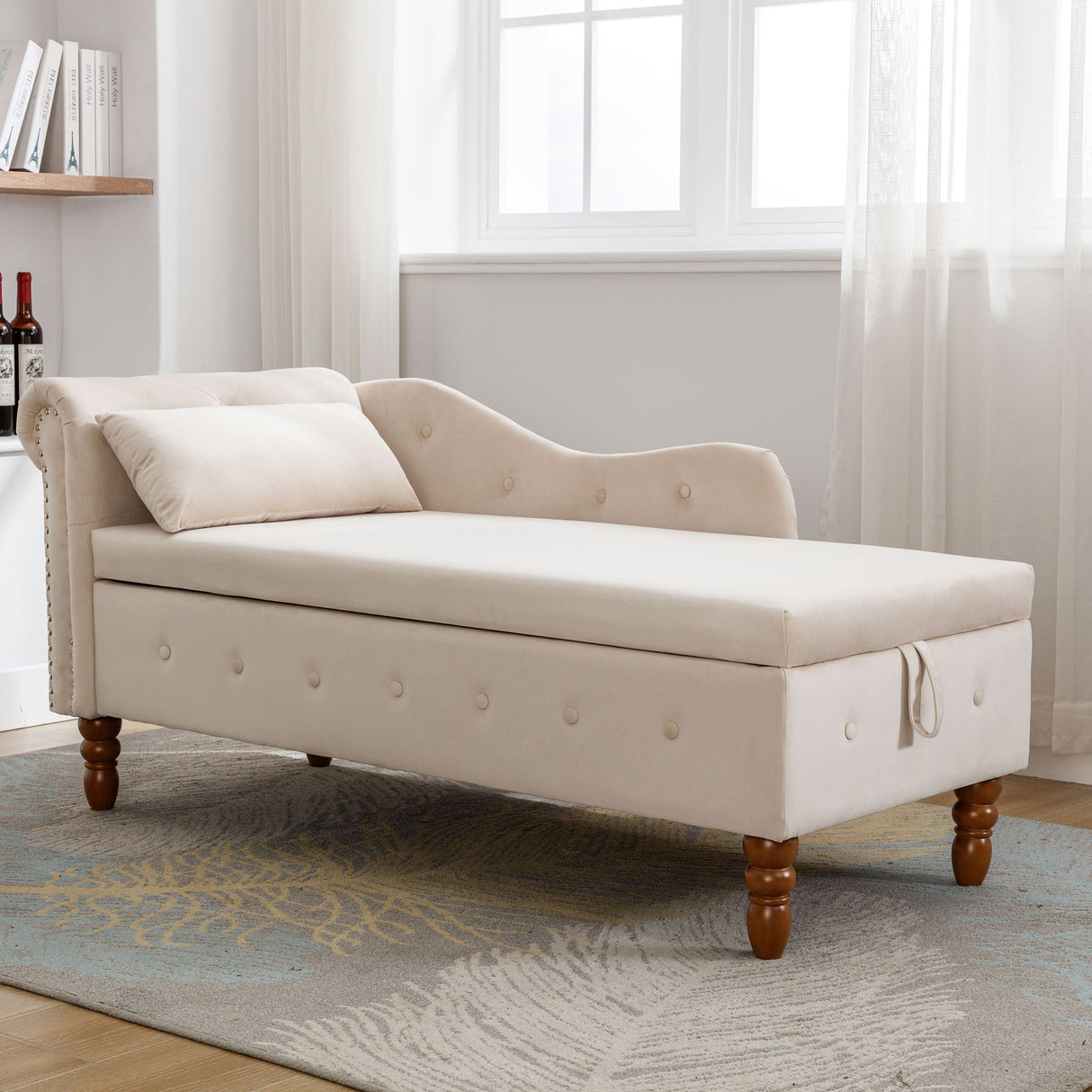 Chaise Lounge Indoor, Lounge Chair For Bedroom With Storage & Pillow, Modern Upholstered Rolled Arm Chase Lounge For Sleeping With Nailhead Trim For Living Room Bedroom Office