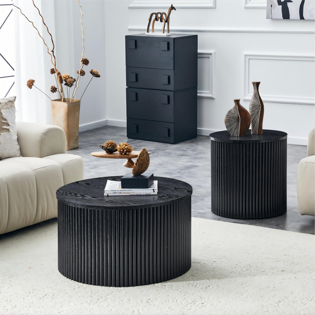 2-Piece Nesting Coffee Table Set, Roman Column Design MDF Round Tables with Built-in Storage