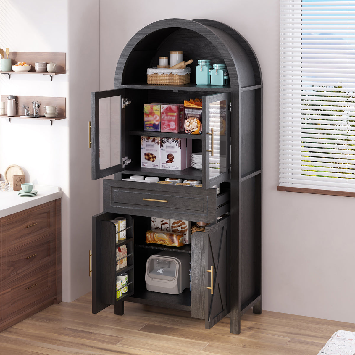 71-Inch Arched Kitchen Pantry Cabinet with Glass Barn Door, Black