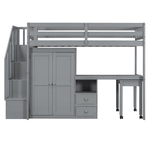 Loft Bed With Stairs, Bookshelf, Drawers, Desk & Wardrobe, Space Saving Multifunctional Furniture