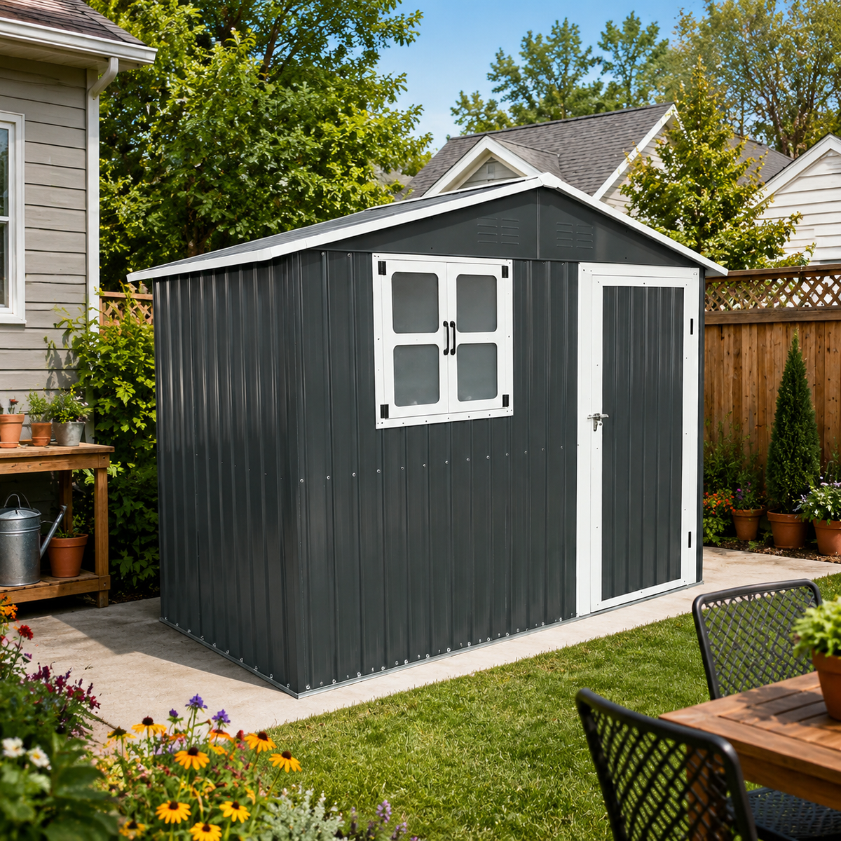 8x4 Foot Outdoor Metal Storage Shed with Openable Window, Coal Grey
