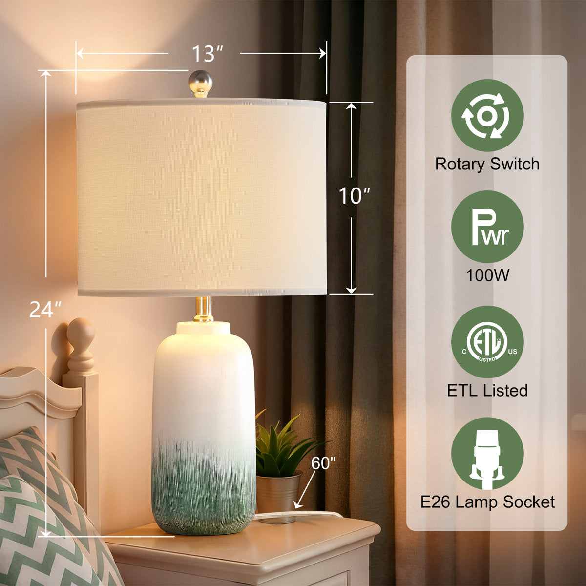23-Inch Modern Green Ceramic Table Lamp