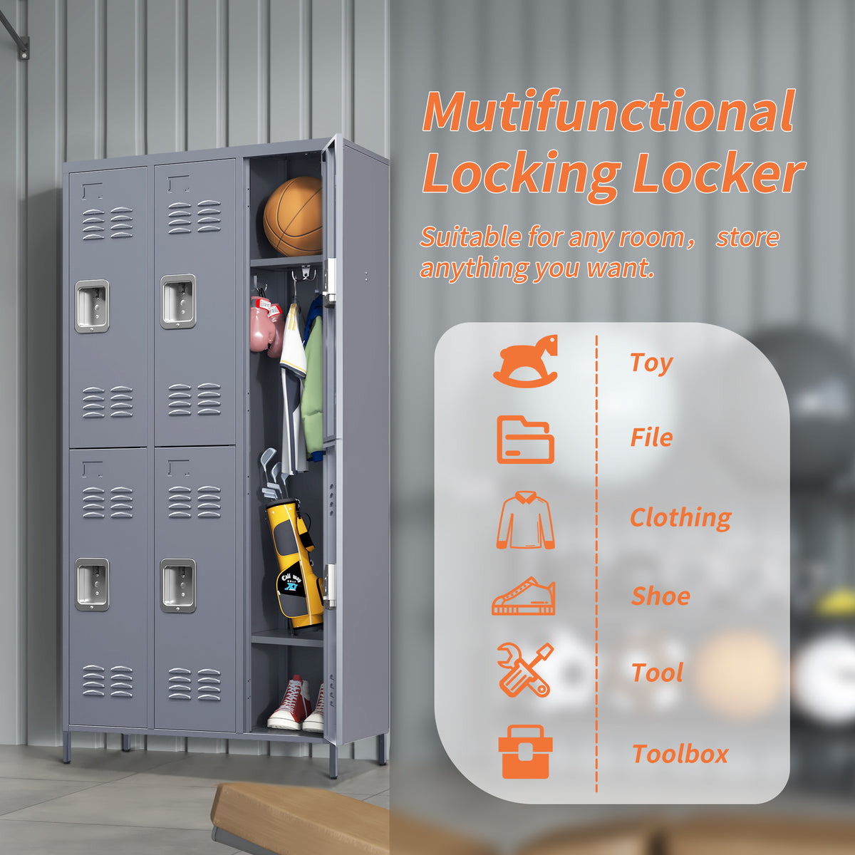 6-Door Metal Locker Cabinet, 72 Inches High, Gray with Individual Locks