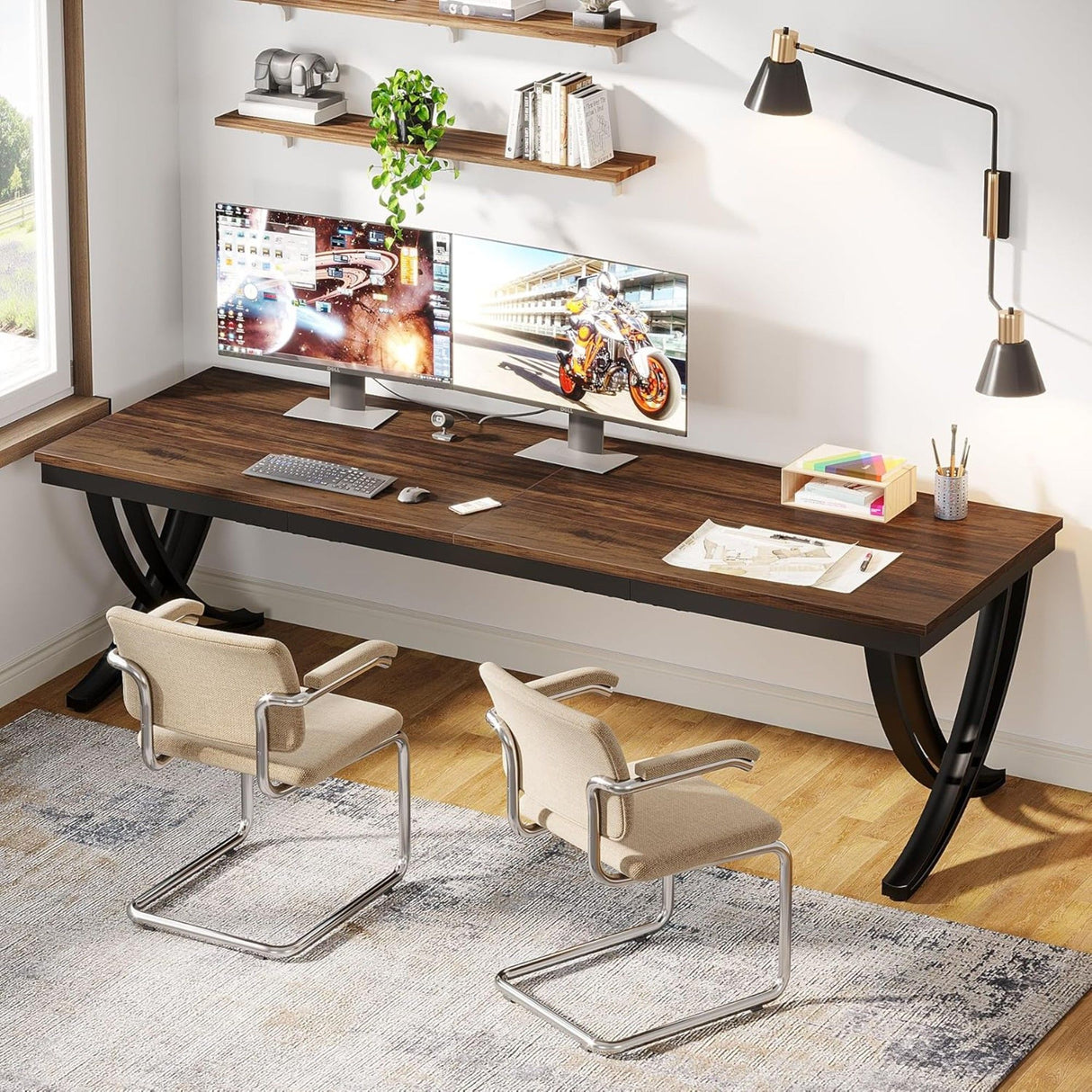 2 Person Desk With X Legs, Extra Long Office Workstation - Brown / Black