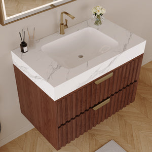 30" Modern Floating Bathroom Vanity with Seamless Sintered Stone Top & Ceramic Basin – 2 Soft-Close Drawers, Wall-Mounted