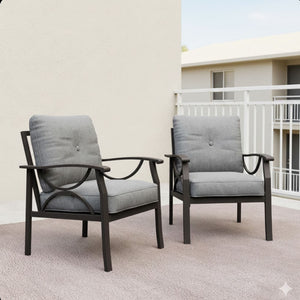All Weather Armchairs With Cushions, Sculptural Design (Set of 2) - Gray / Khaki