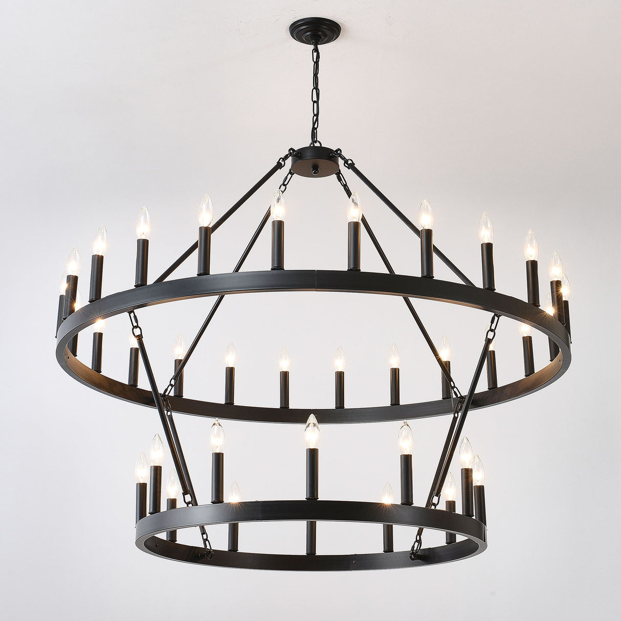 2 Tiers Wagon Wheel Chandelier Wooden Farmhouse 36 Light (24 / 12) Or (12 / 24) Metal Chandeliers 2 Story Light Fixtures Industrial For High Ceiling Living Dining Room Foyer, Adjustable Height - Black