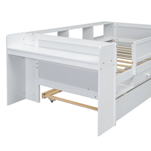 Twin Daybed With Drawers, Trundle, Headboard Storage, Study Desk, And USB Charging Station - White