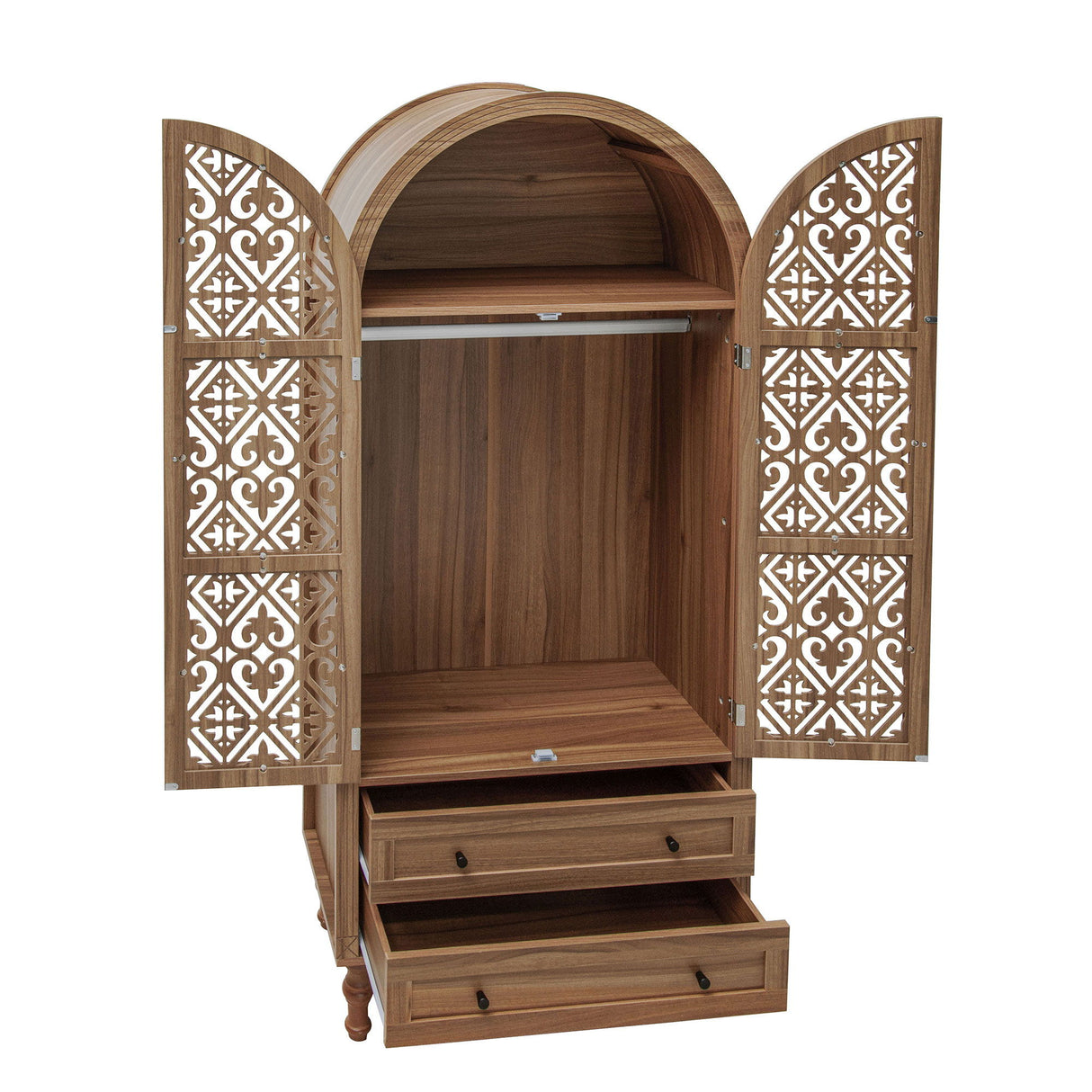 Tall Kitchen Pantry Cabinet With Hollow Carved Doors 2 Drawers And Adjustable Shelves Storage Display Cabinet For Kitchen Dining Room Or Living Room - Walnut