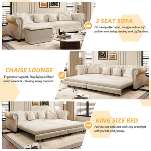 3 In 1 Pull Out Convertible Sleeper Sofa Bed, King Size, Chaise Lounge