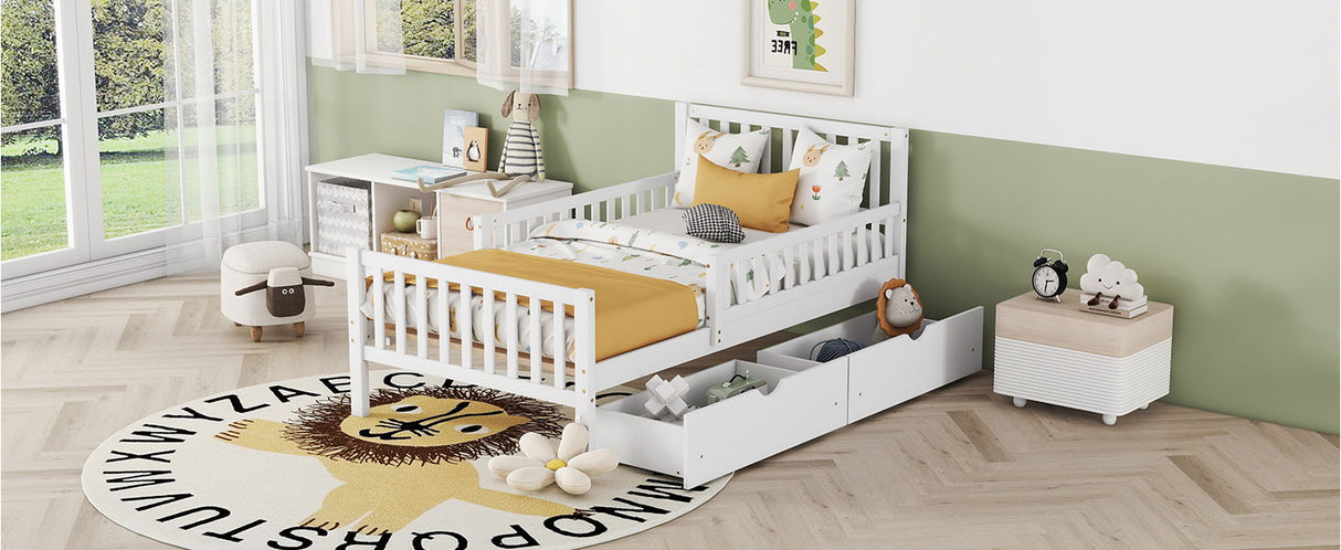 Platform Bed With Guardrails On Both Sides And 2 Storage Drawers