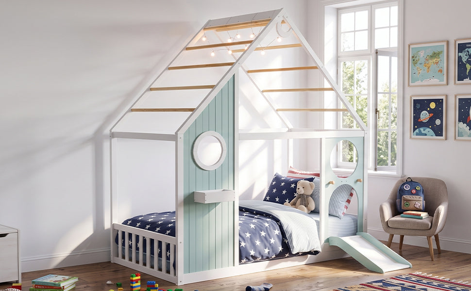 Twin House Bed with Slide, Ball Light Strip, Wooden Playhouse Design
