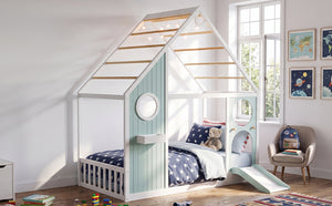 Twin House Bed with Slide, Ball Light Strip, Wooden Playhouse Design